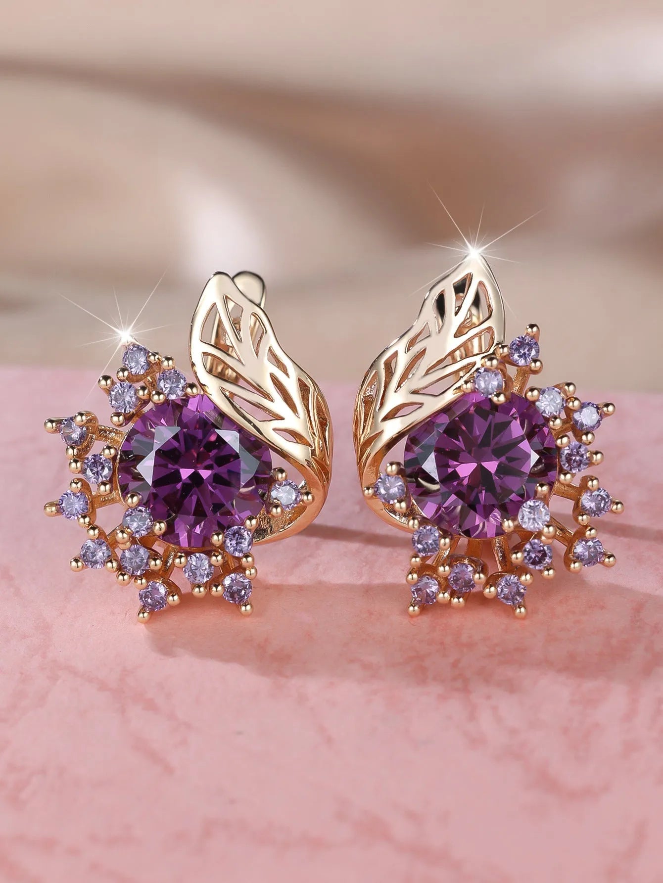 Round flower feather design zircon earrings in electroplated champagne gold with coloured stone options