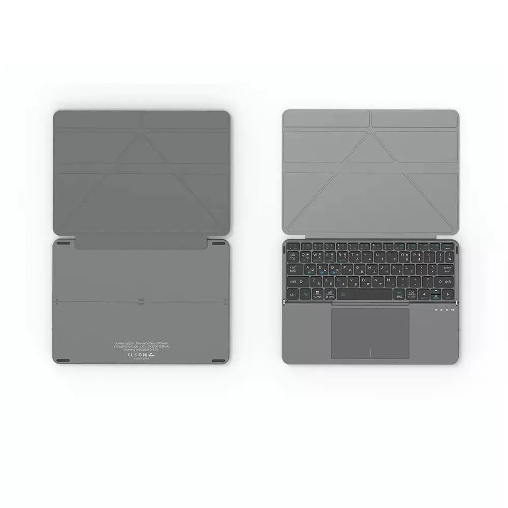 Grey wireless Bluetooth folding keyboard in closed and open positions for mobile phones and tablets