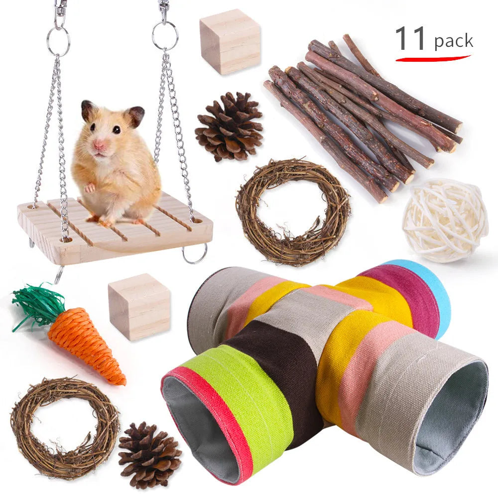Wooden pet toy set with molar stick, straw mattress and woven balls for rabbits, guinea pigs and parrots