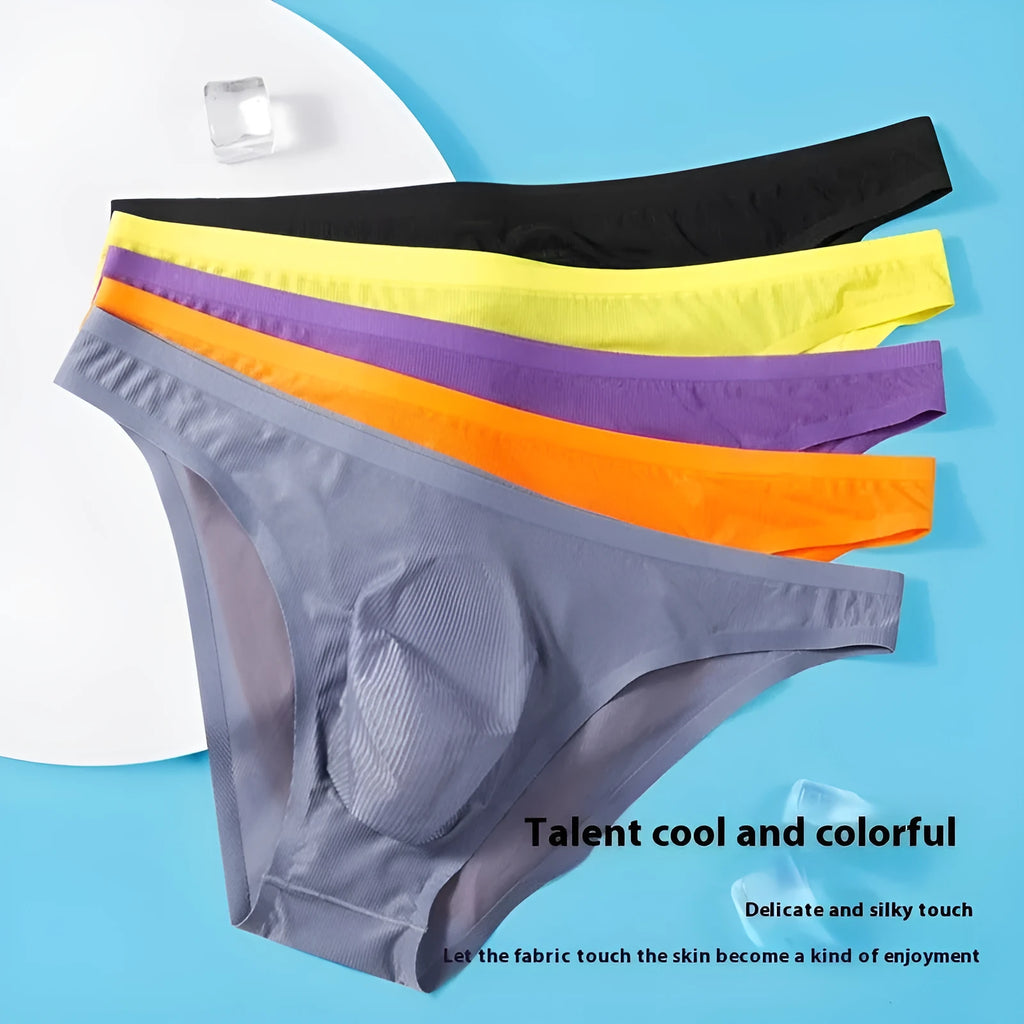 Translucent ultra-thin seamless Ice Silk men's underwear briefs in black stripes, low-waist knitted nylon construction