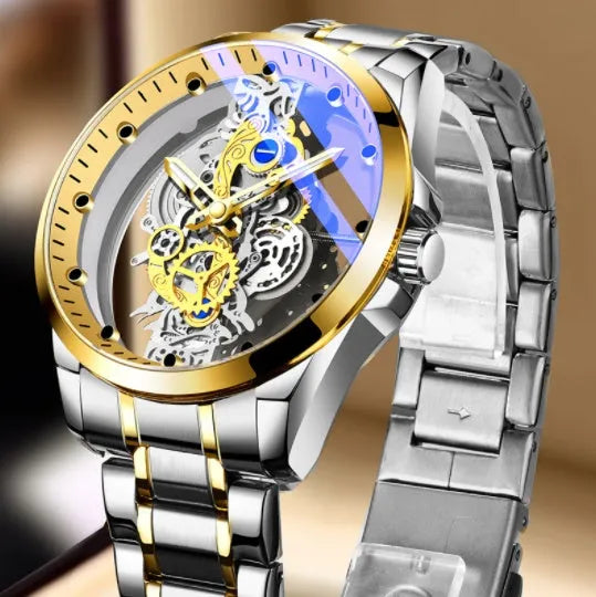 Men's skeleton quartz watch full gold steel with luminous dial and stainless steel strap