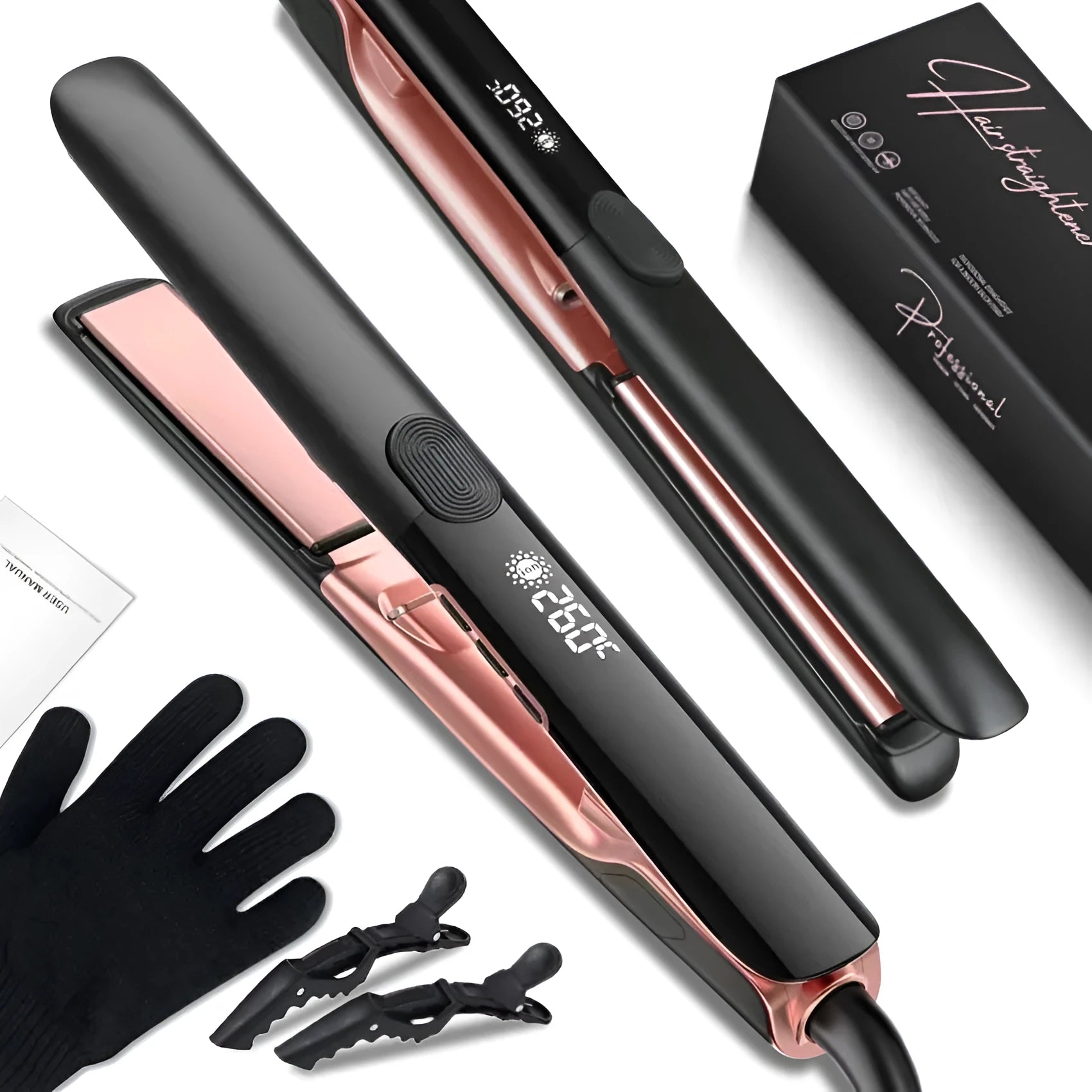 Hair straightener with digital temperature display showing 207°C and anion technology label