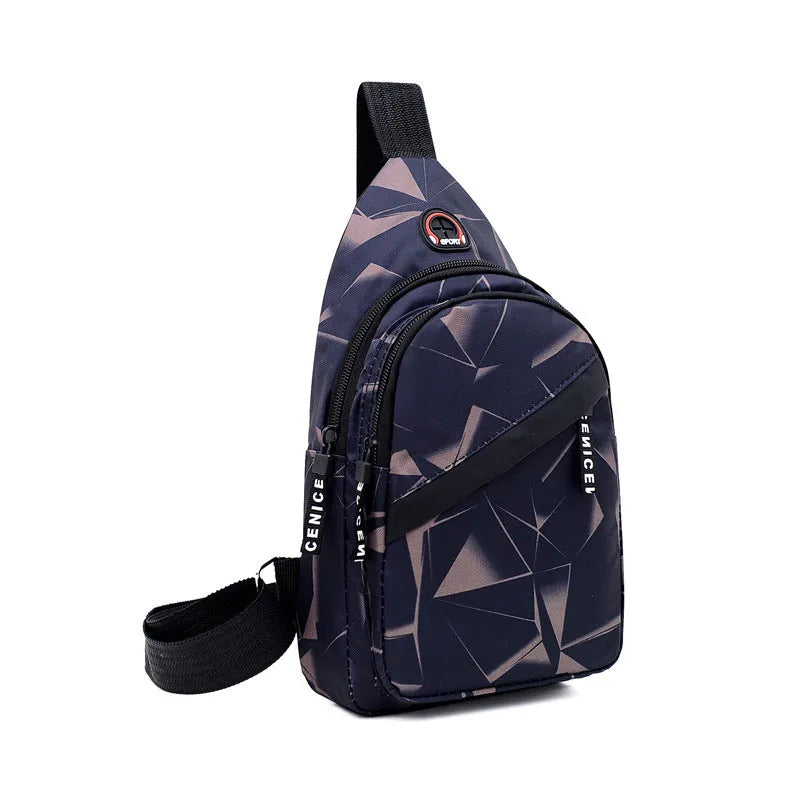 Blue Oxford cloth crossbody sling bag with earphone hole and zipper pocket.