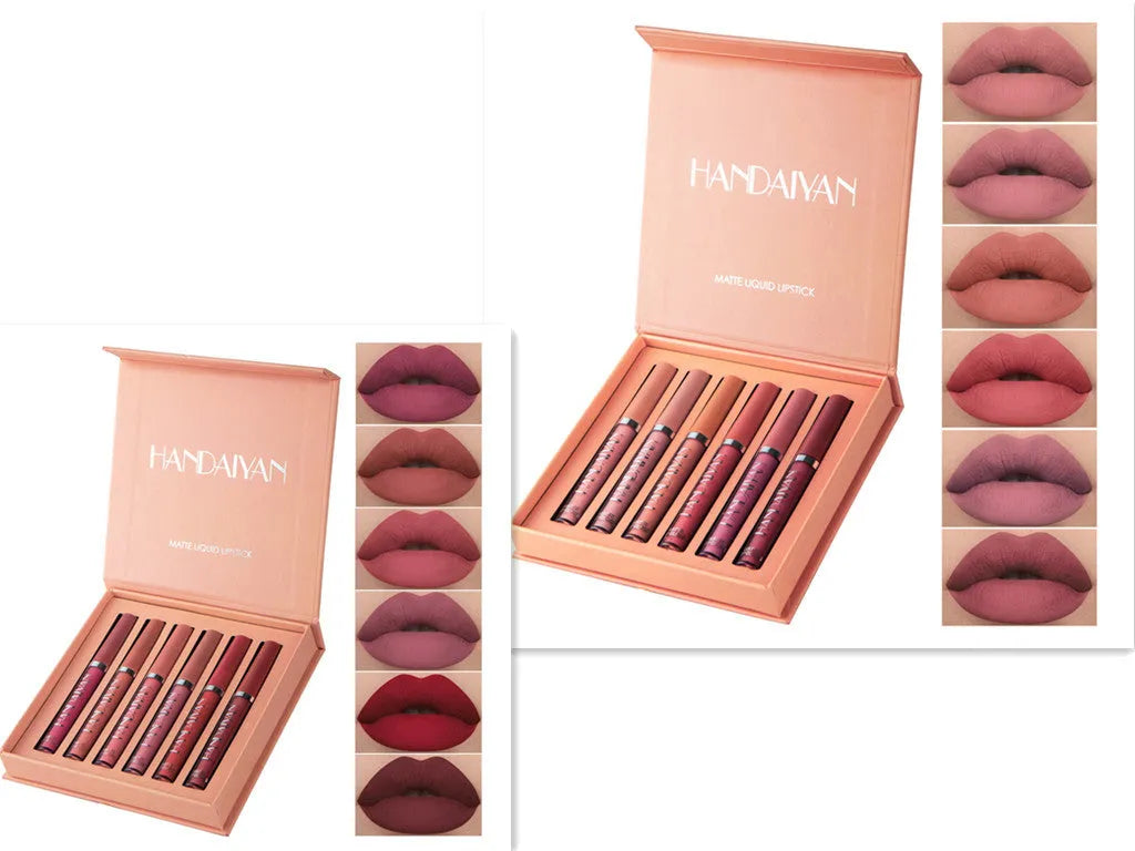 HANDAIYAN non-sticky matte liquid lipstick set gift box with six assorted shades and high-shine gloss