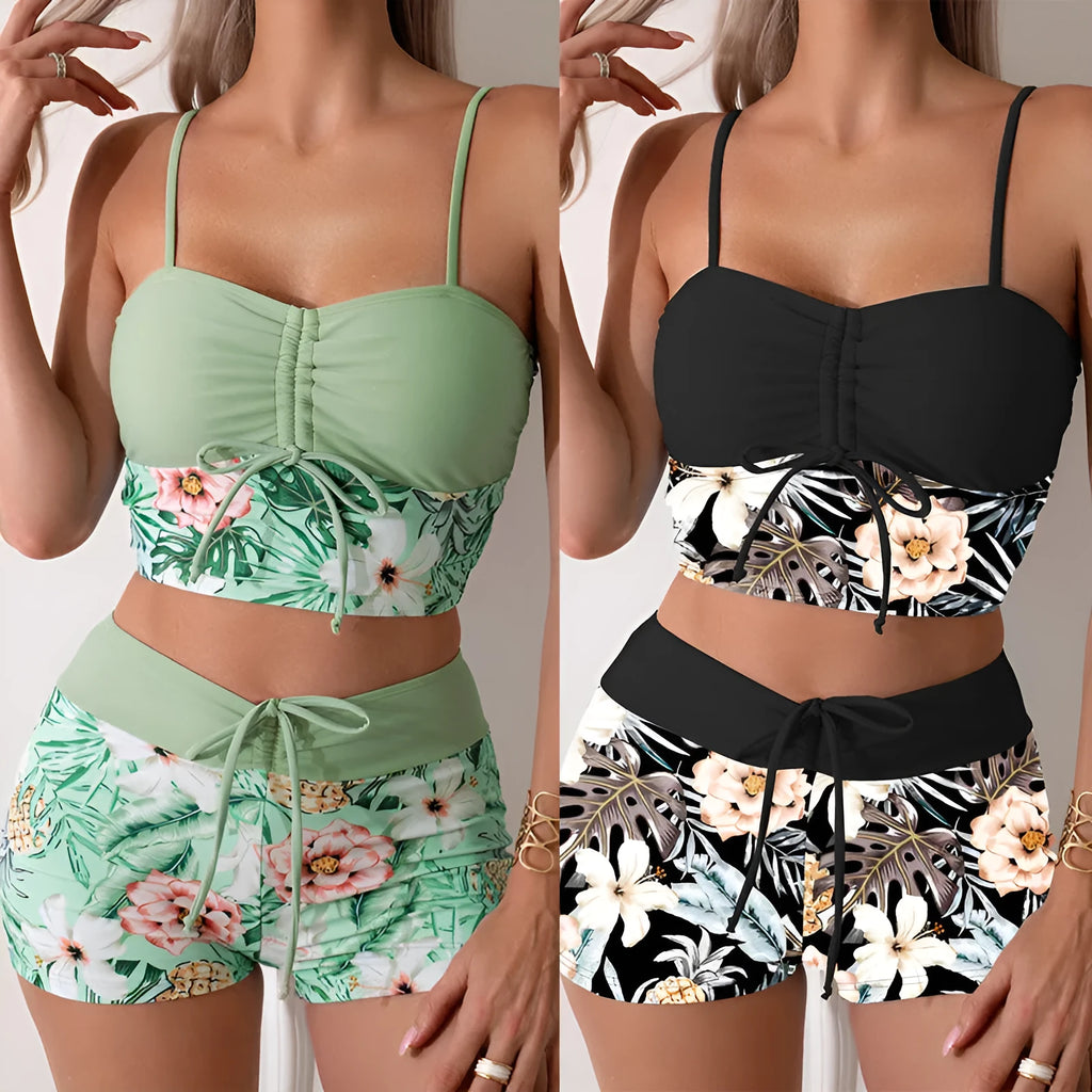 Women's fashion printed drawstring bikini set high waist backless polyester swimwear JP140GR