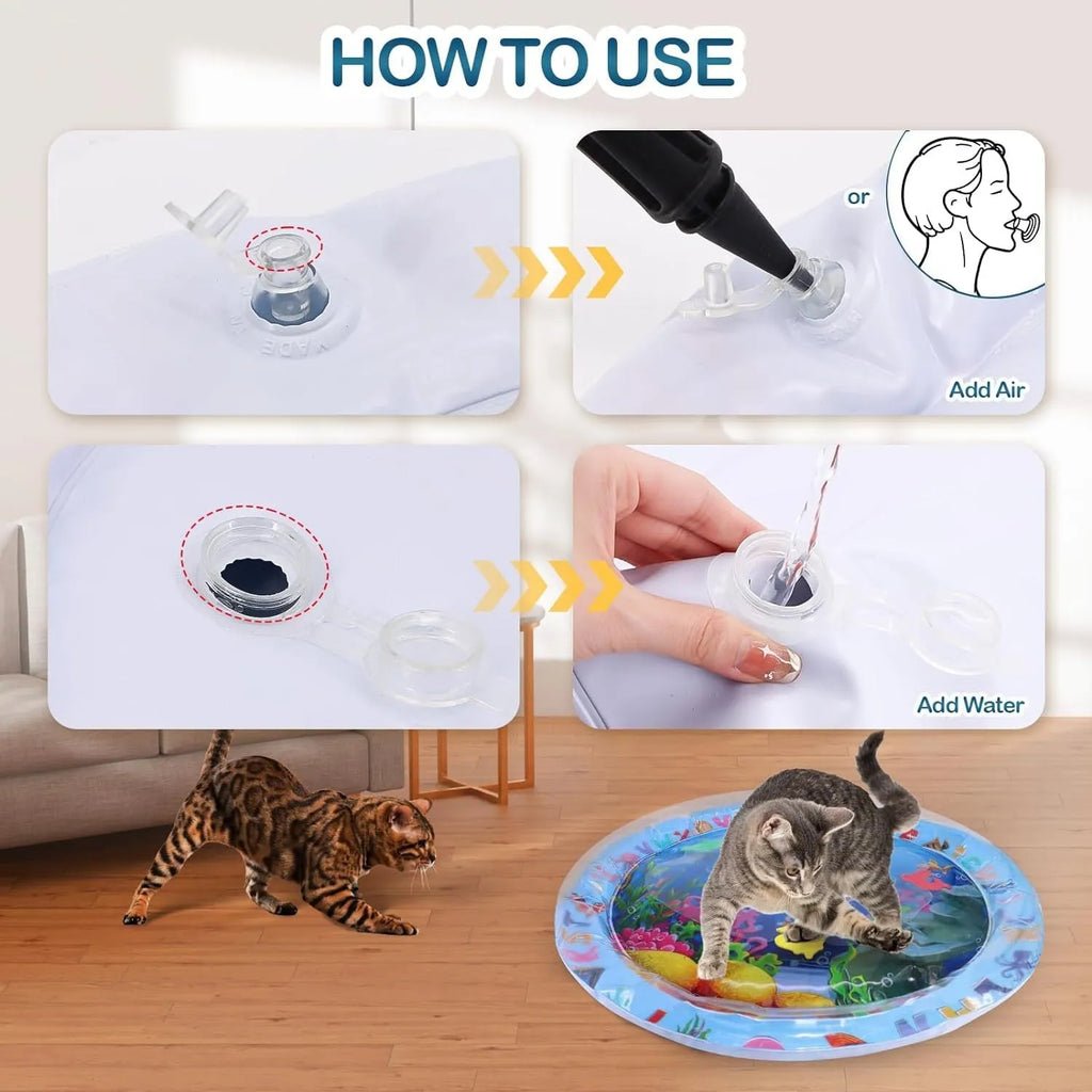 95cm square pet water playmat with floating fish toys in clear PVC mat for cats and dogs
