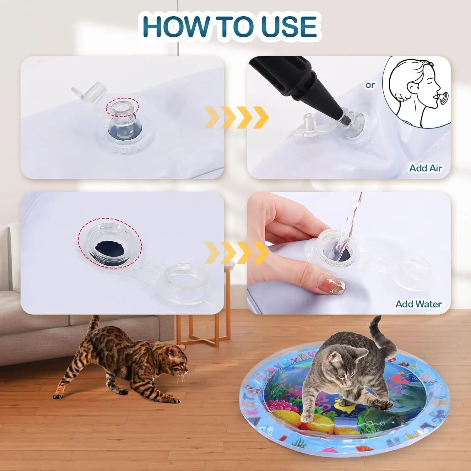 95cm square pet water playmat with floating fish toys in clear PVC mat for cats and dogs