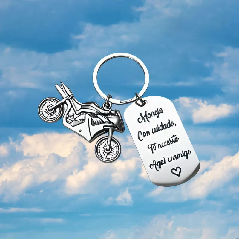 Stainless steel motorcycle inspiration keychain with flannel storage pouch