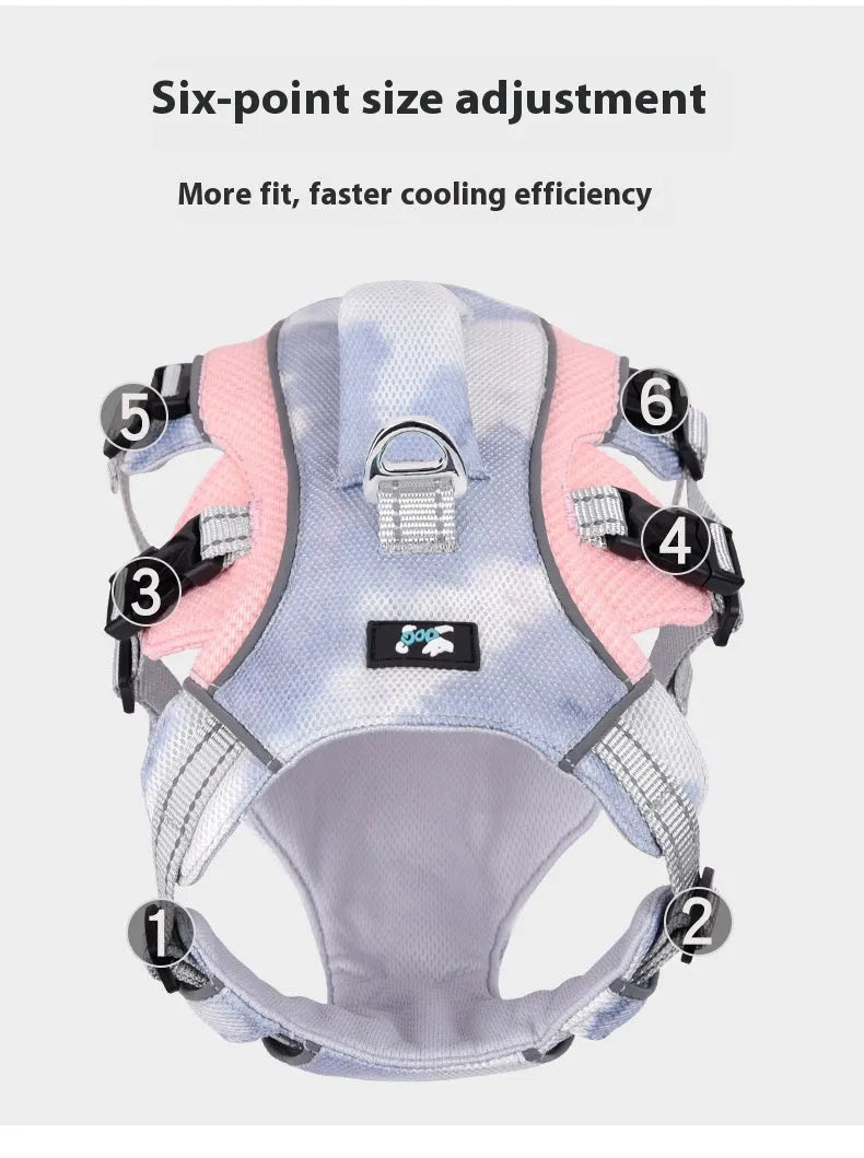 Reflective light blue dog harness chest strap shown on a canine mannequin.