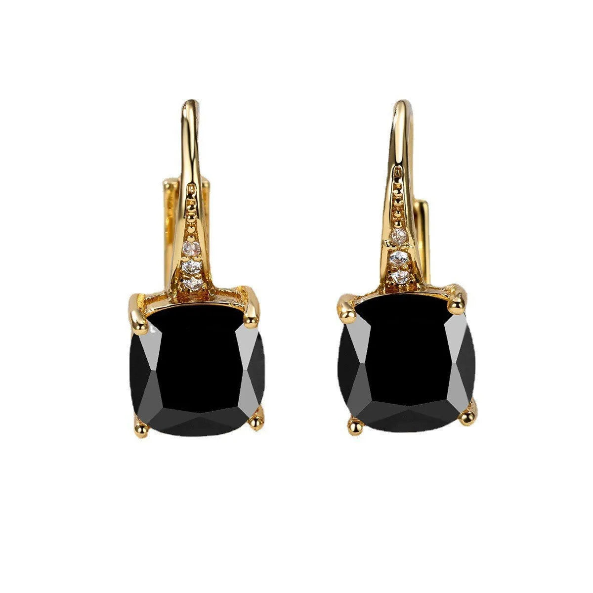 Square geometric ear hook studs with a round zircon stone, shown in a gold electroplated finish.