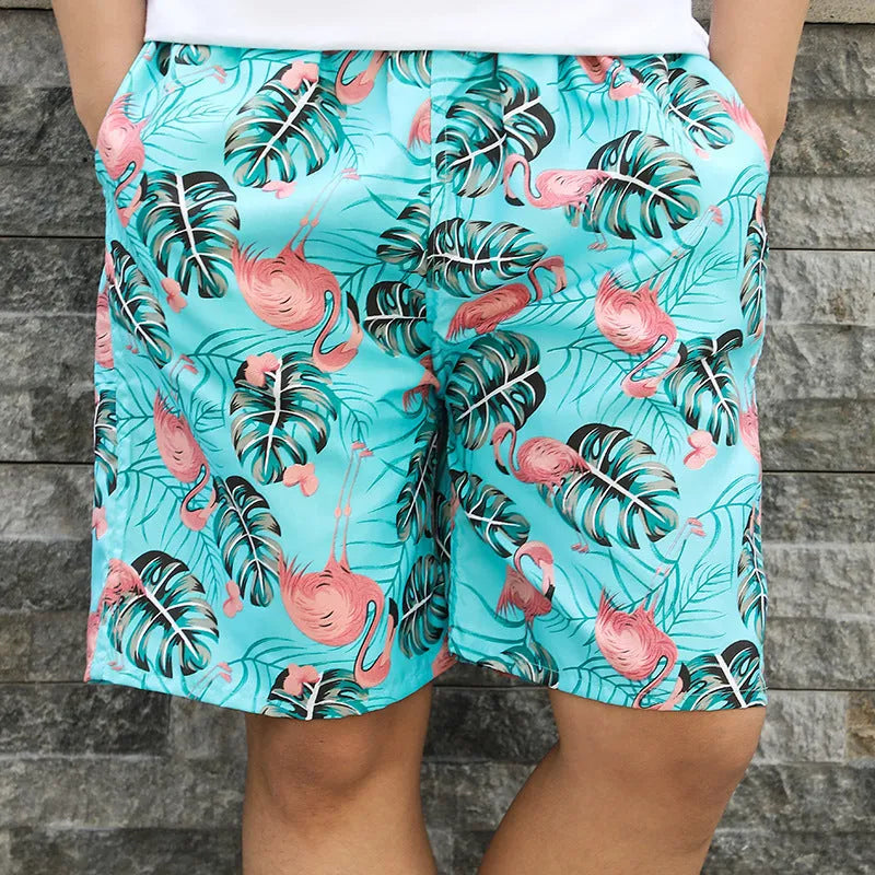 Men's floral print five-point swimming trunks in polyester fabric, free size
