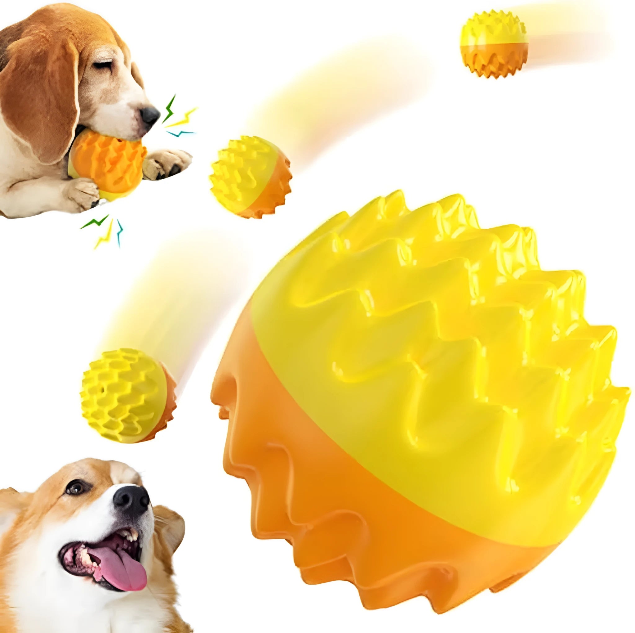 Blue spiky rubber dog ball with dental cleaning texture and squeaker for aggressive chewers