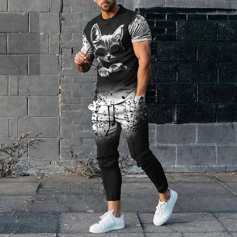 Men's slim-fit two-piece sports suit with short sleeve printed t-shirt and matching trousers in polyester blend fabric