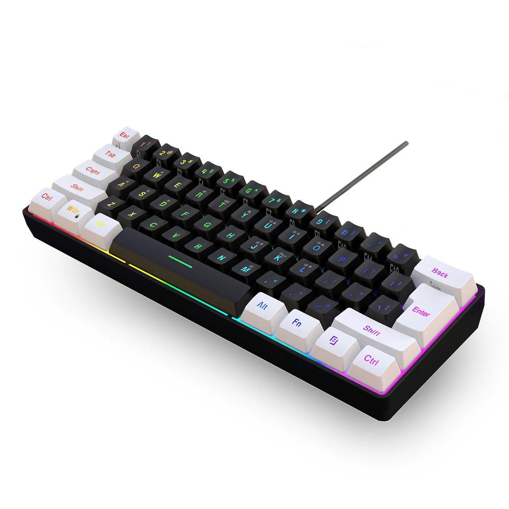 Simple wired white and black 61-key membrane keyboard with a USB cable on a desk