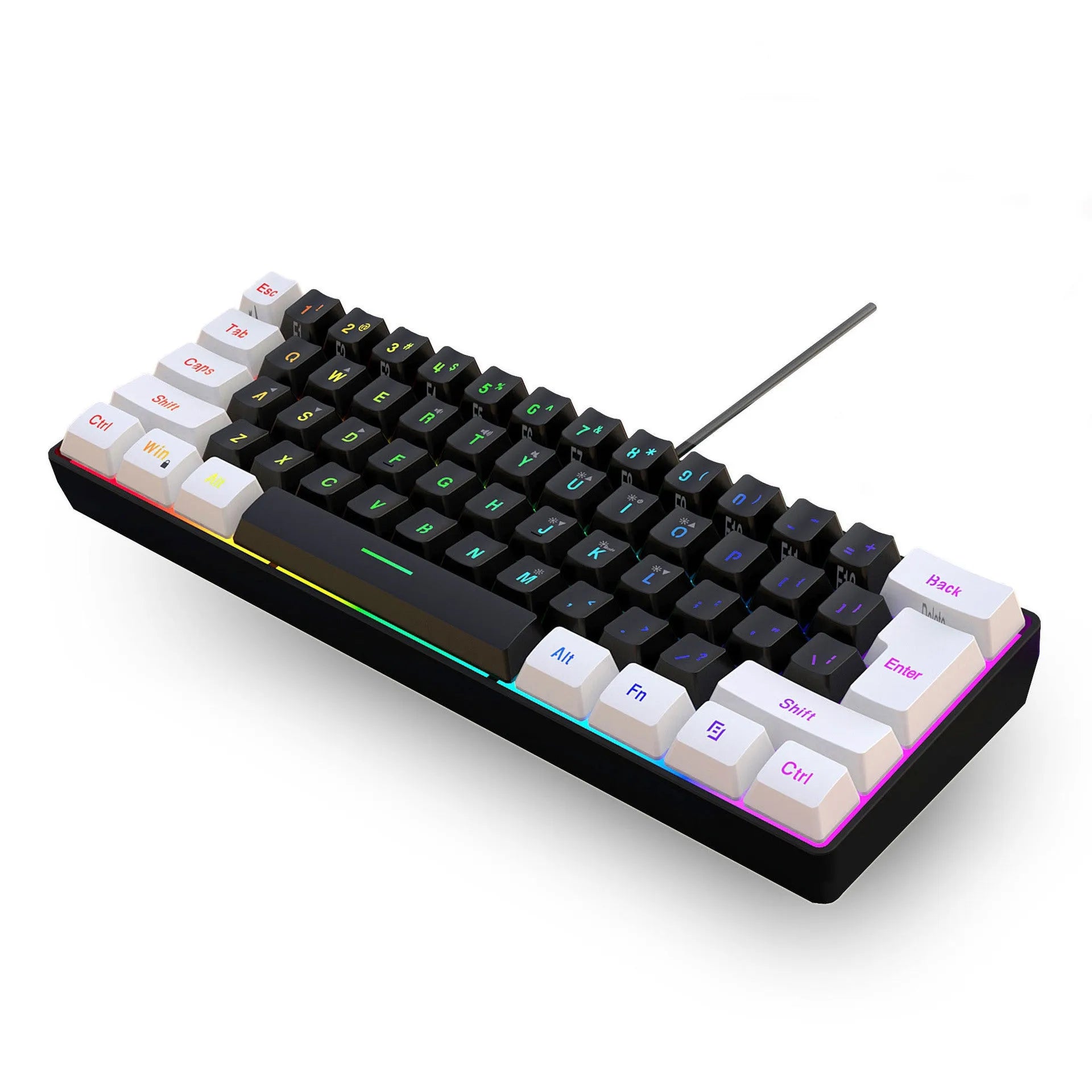 Simple wired white and black 61-key membrane keyboard with a USB cable on a desk