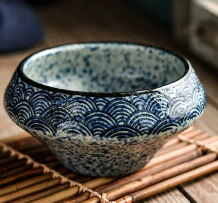 Ceramic Japanese soup bowl in tall design with underglaze pattern