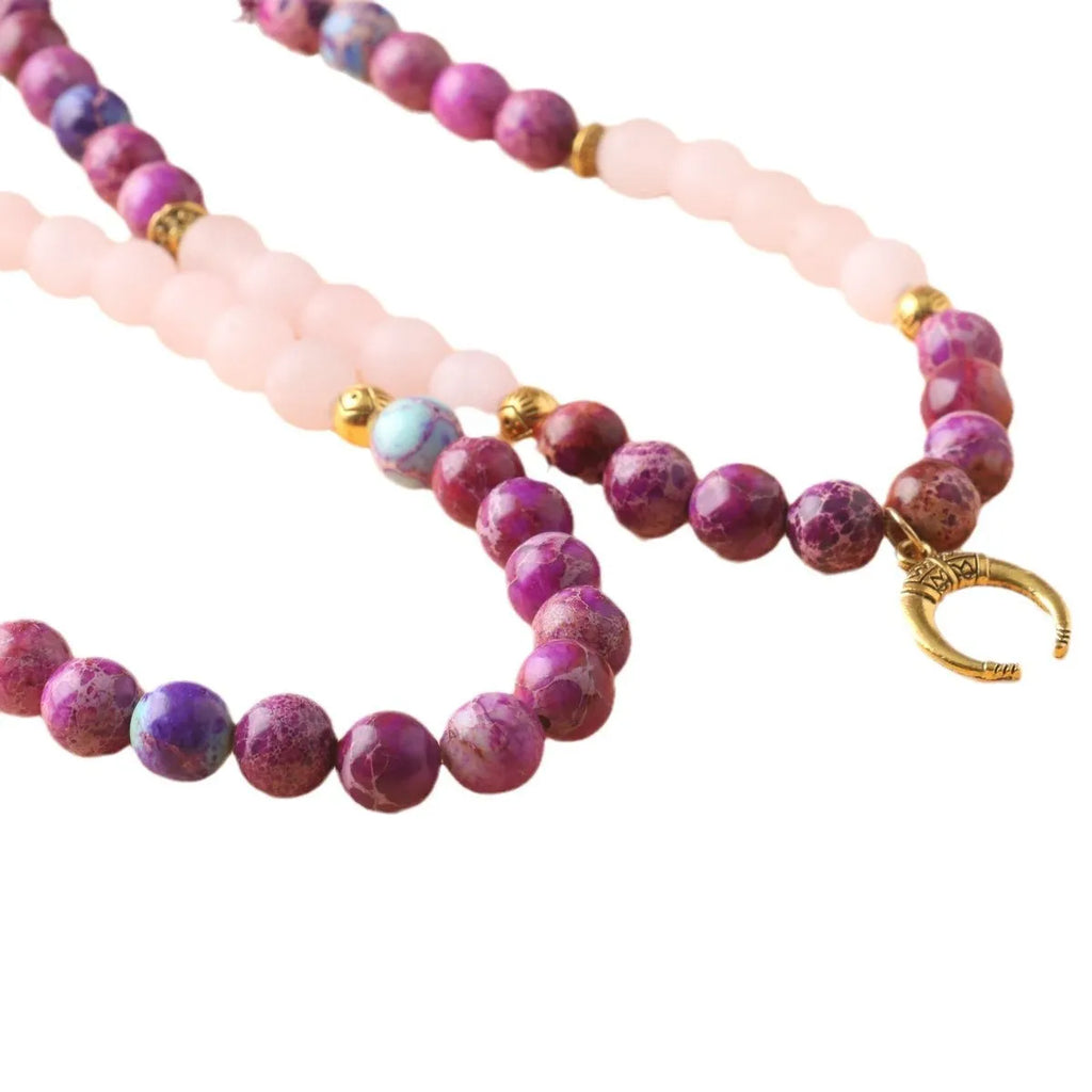 Round pink crystal and Emperor Stone beads pendant necklace on model