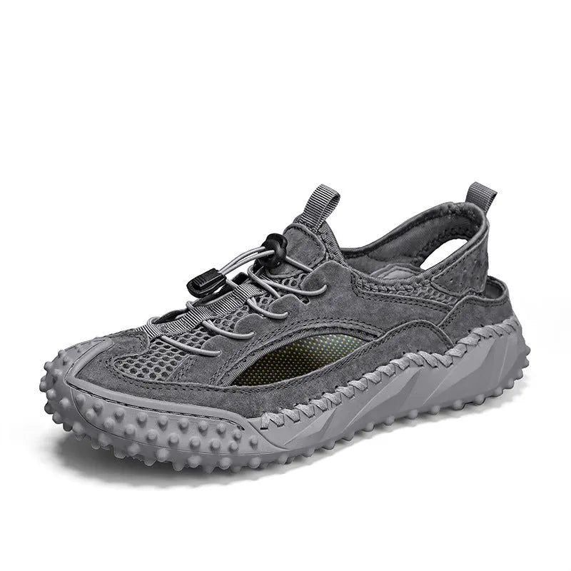 Men's black waterproof sports sandals with leather mesh upper and rubber sole