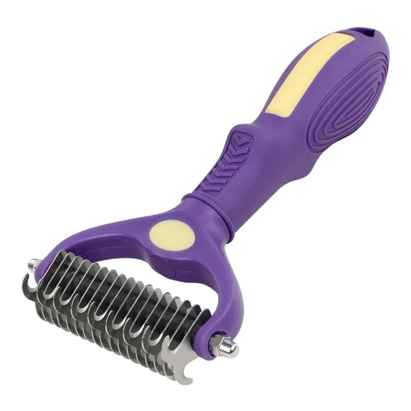 Purple double-sided plastic dog comb for grooming and untying knots, showing ergonomic handle.