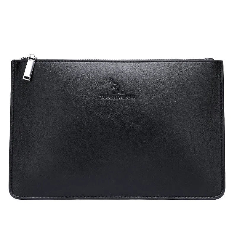 Men's soft PU leather clutch wallet open showing six card slots, bill slots, and a zipper pocket
