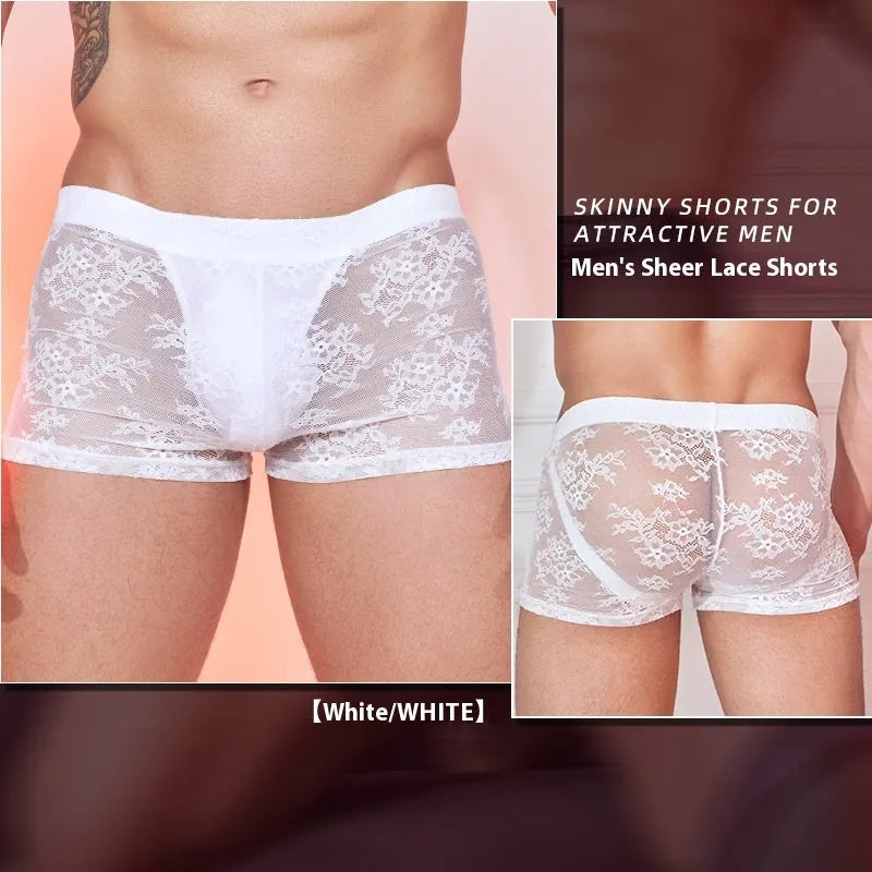 Men's black lace boxer shorts made from nylon fabric, laid flat.