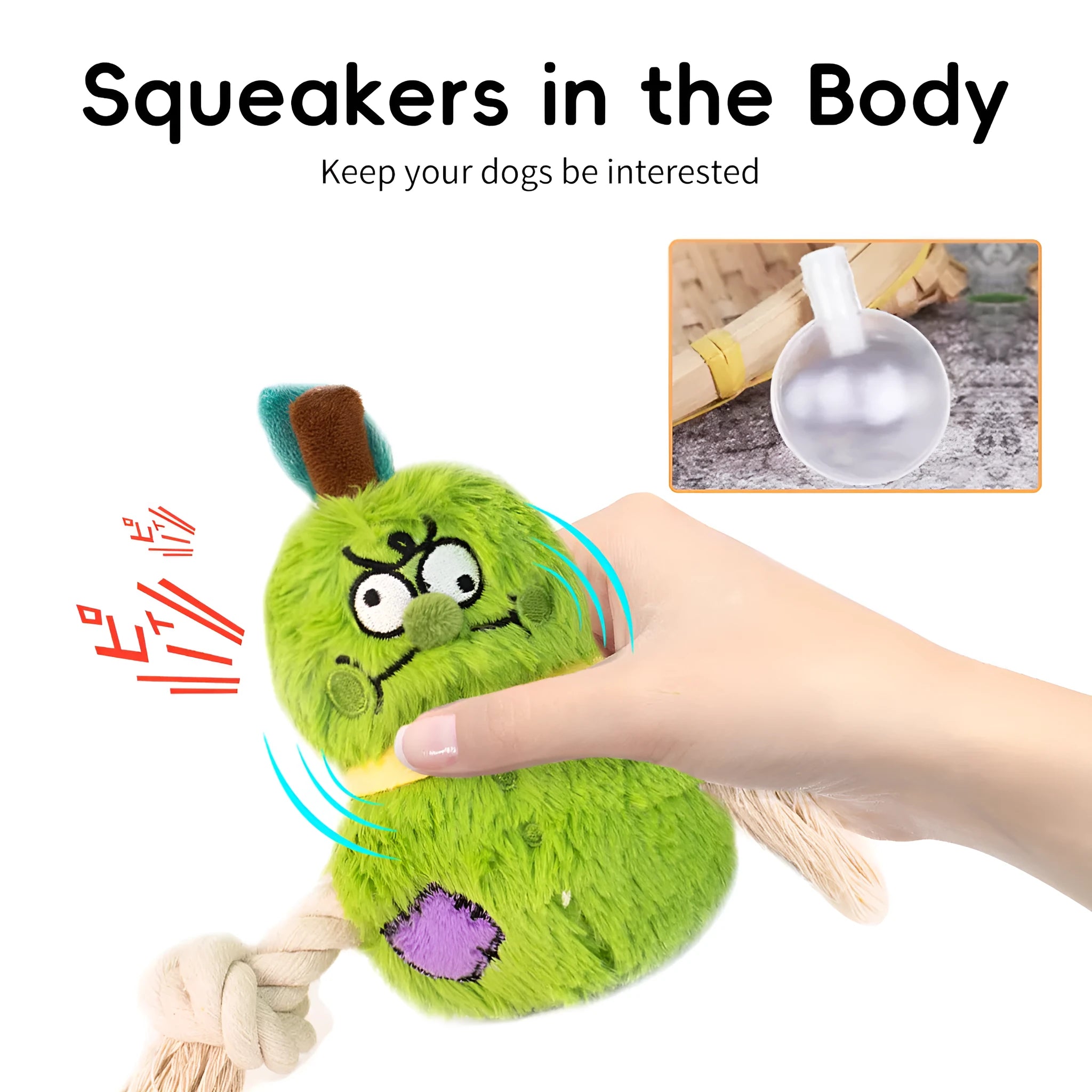 Green interactive plush rope knot dog toy shaped like a bb with molar tooth texture for tug of war.