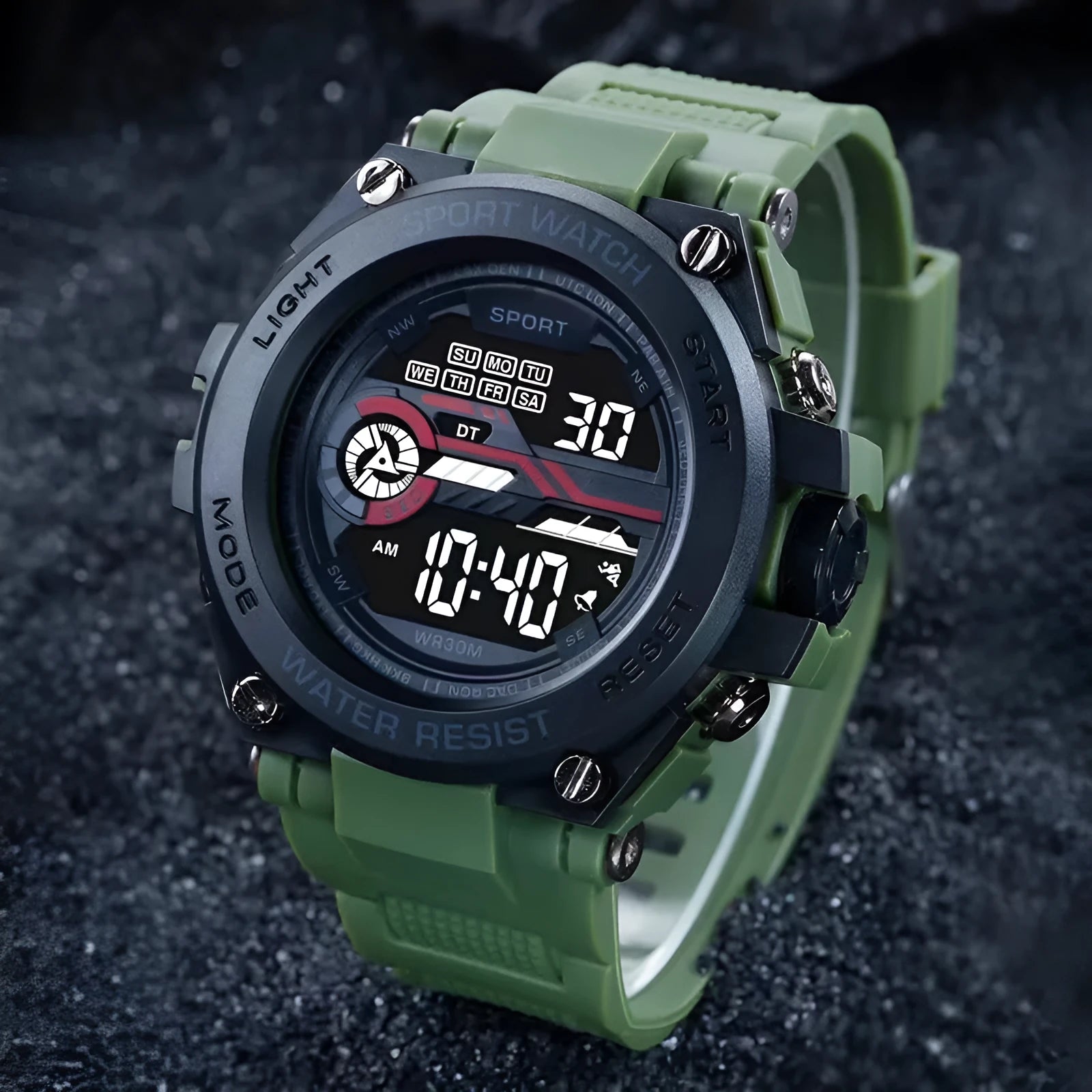 Digital electronic watch with adjustable strap shown in multiple colour options