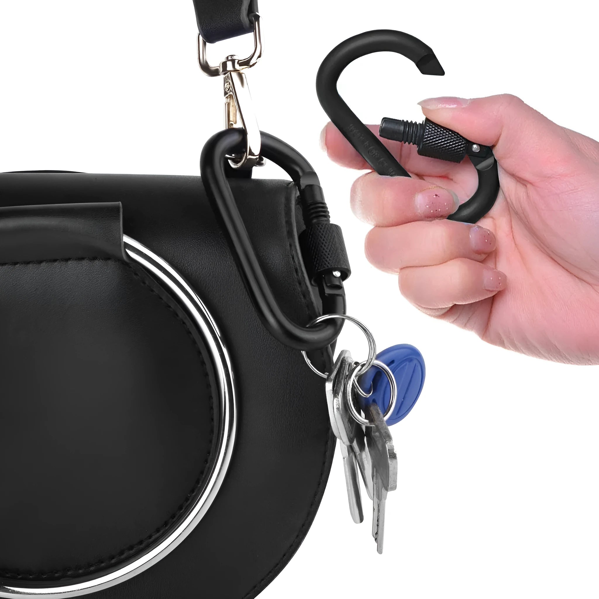No. 8 D type aluminium carabiner in black 8cm long with gate open