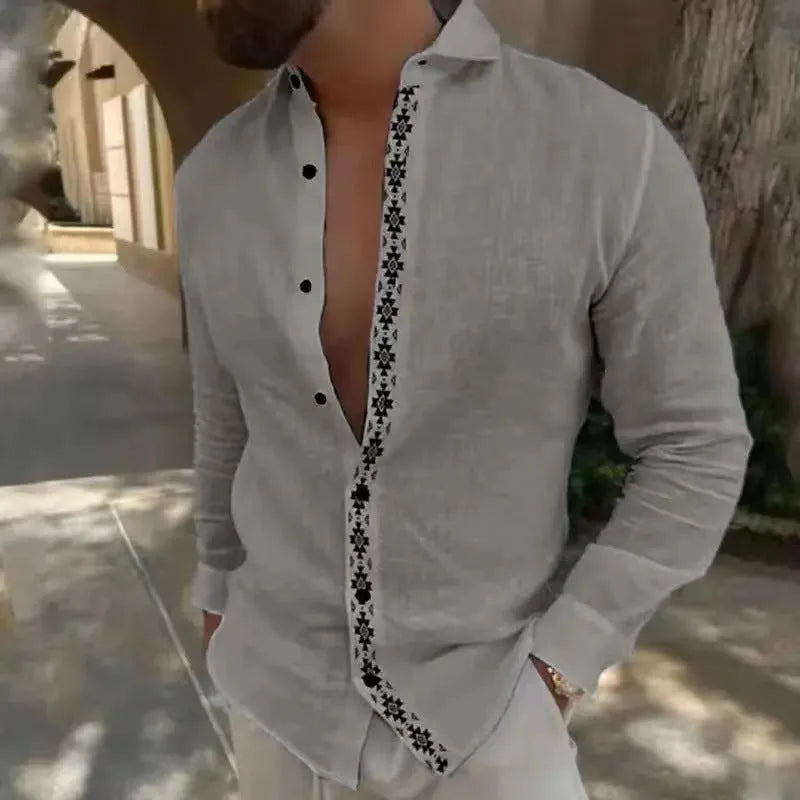 Lapel button cotton printed men's shirt in emerald green with long sleeves