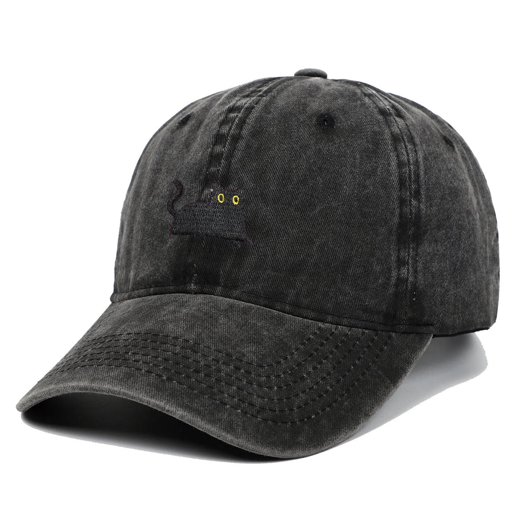 Black cat embroidered washed baseball cap in black, cotton fabric, adjustable size, dome crown style