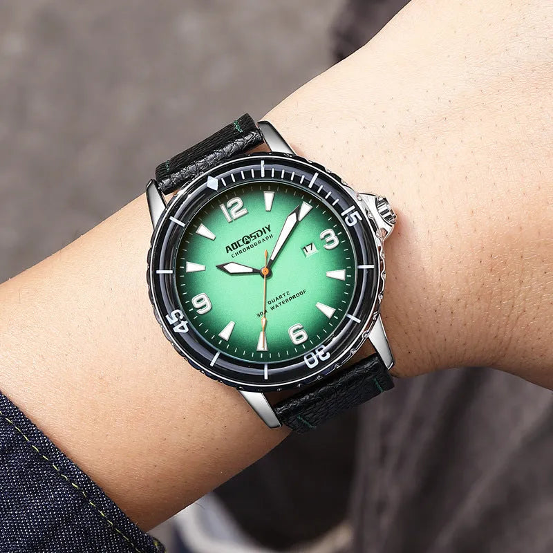 Casual digital men's quartz watch with 45mm round dial, calendar, mineral glass, and spiral crown on light background