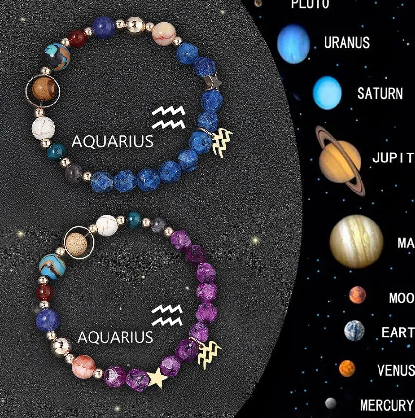 Two adjustable beaded bracelets with natural stone zodiac charms and metal accents on a wrist.