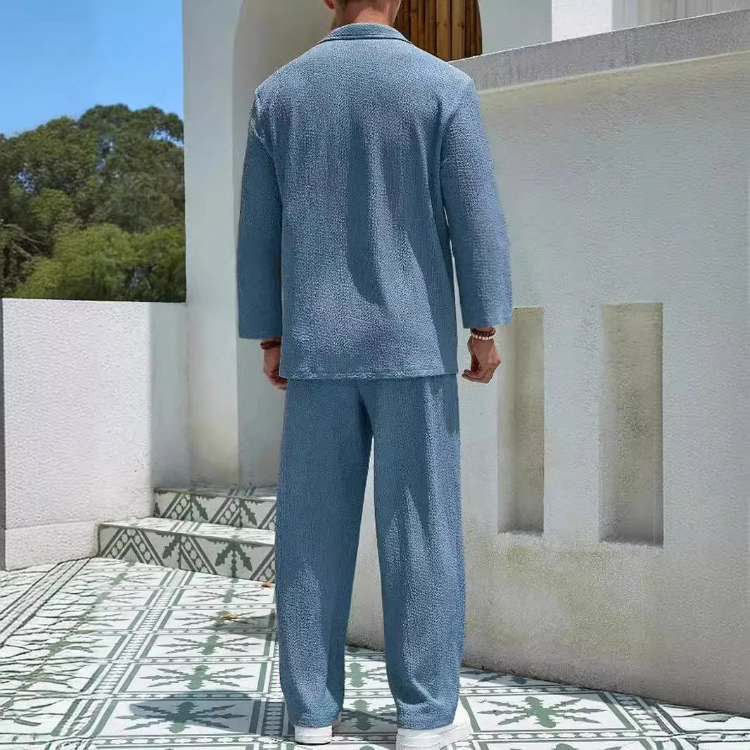 Men's casual polyester shirt trousers suit in black, caramel, khaki or lake blue colours with shirt jacket design