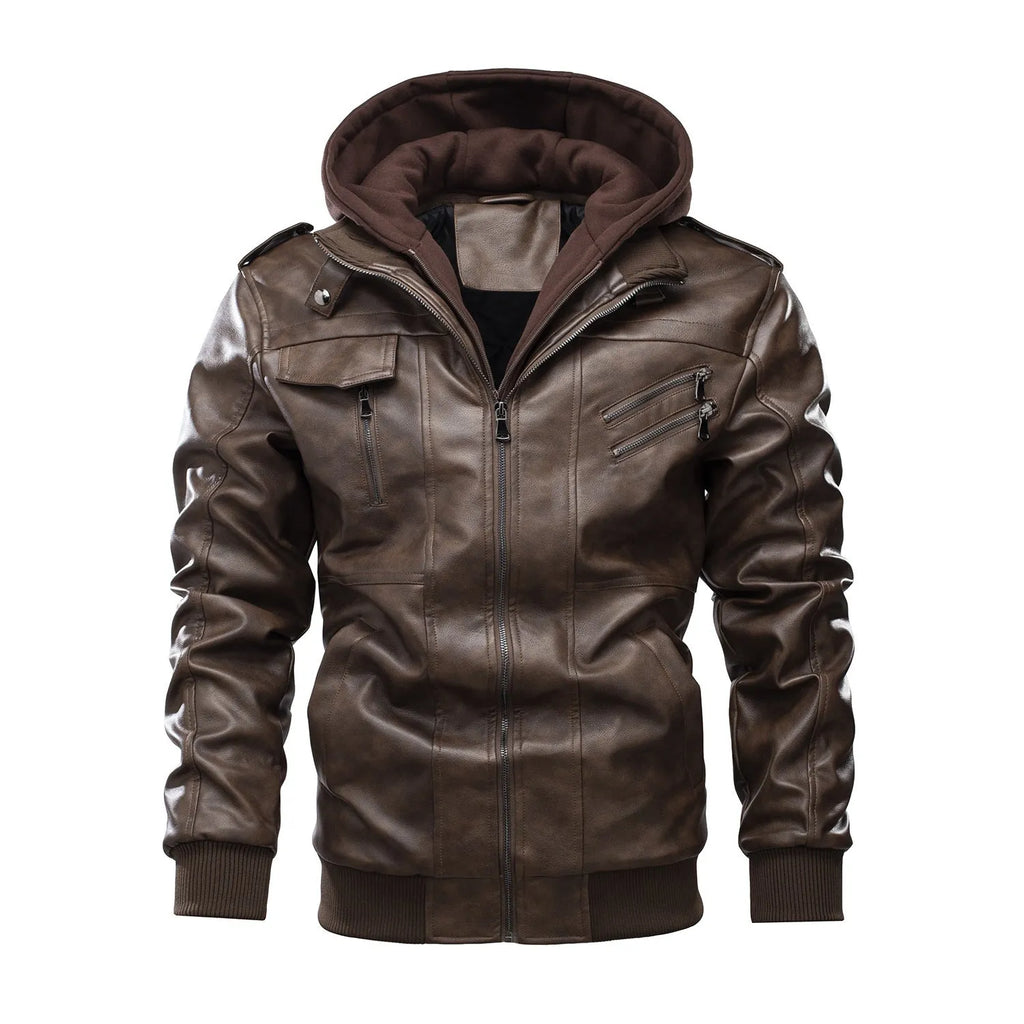 Men's black PU leather motorcycle jacket with zipper front, removable hood, and side pockets on a hanger