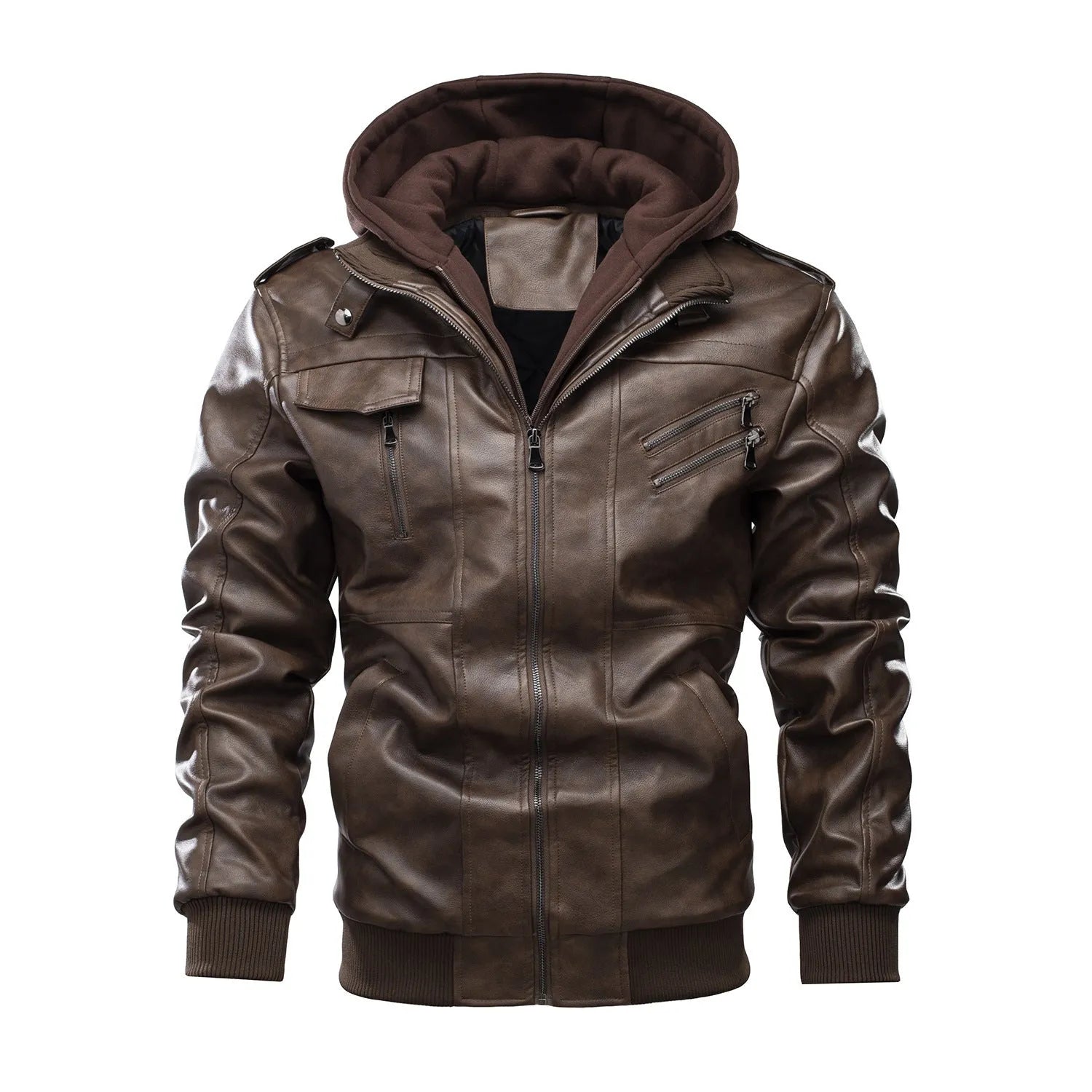 Men's black PU leather motorcycle jacket with zipper front, removable hood, and side pockets on a hanger