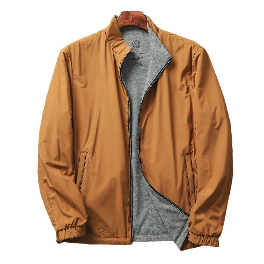 Men's simple stand collar jacket in a polyester blend, shown in Army Green colour.