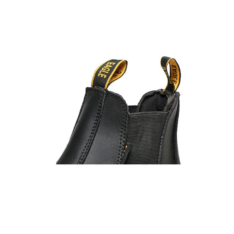 Black leather high-top safety boots with anti-piercing protection for workplace use