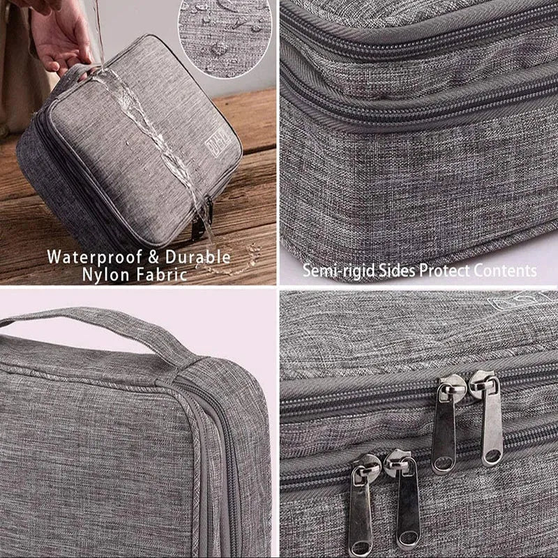 Grey waterproof electronics organiser with double-layer interior, adjustable dividers, and carrying handle