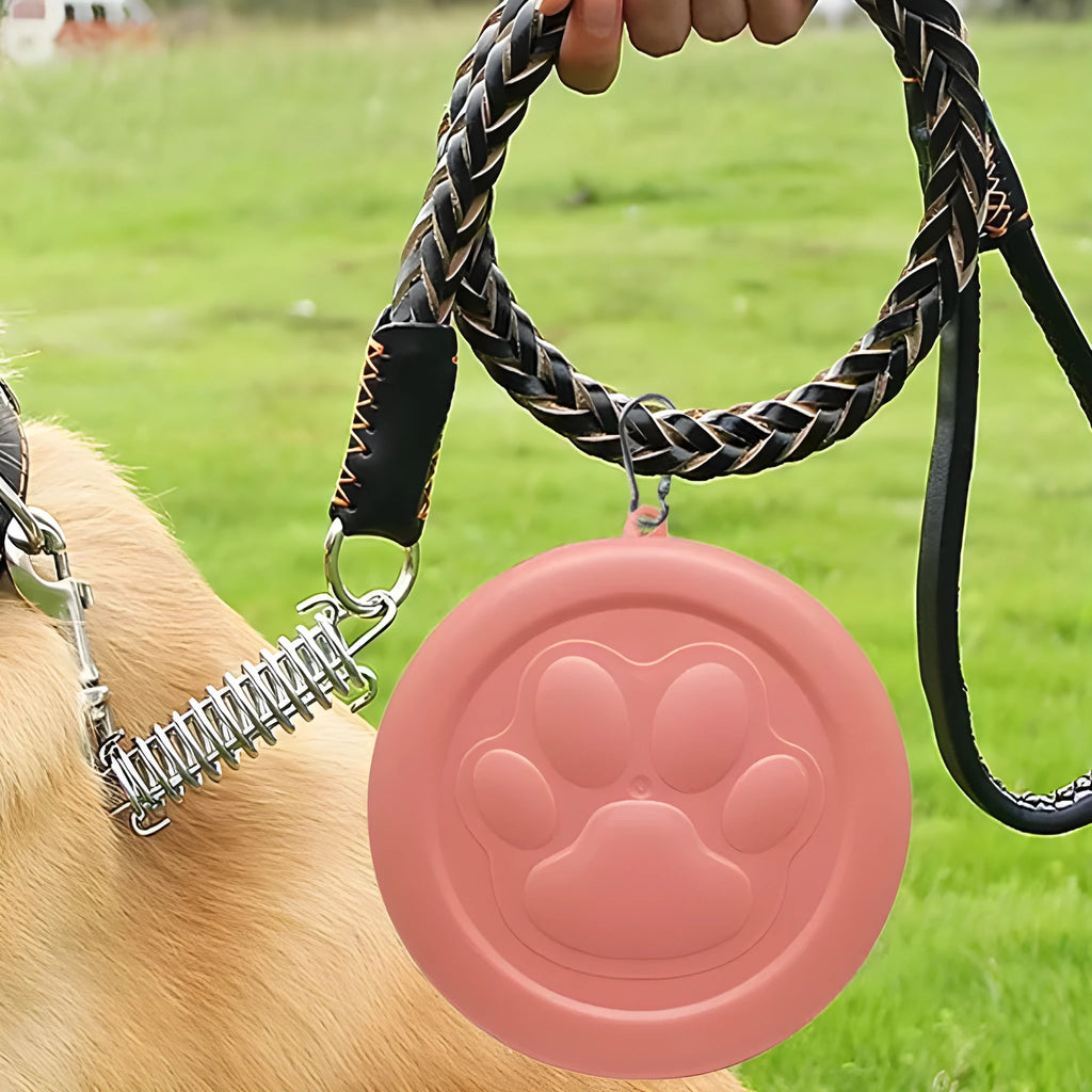 Portable dog bowl with removable lid in light pink and green colour options showing small and large size variants