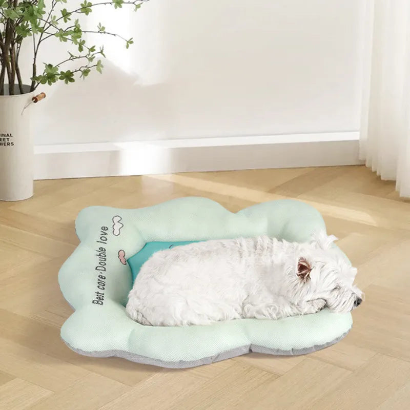 Ice silk pet cooling mat for dogs and cats available in green or pink colours with four size options