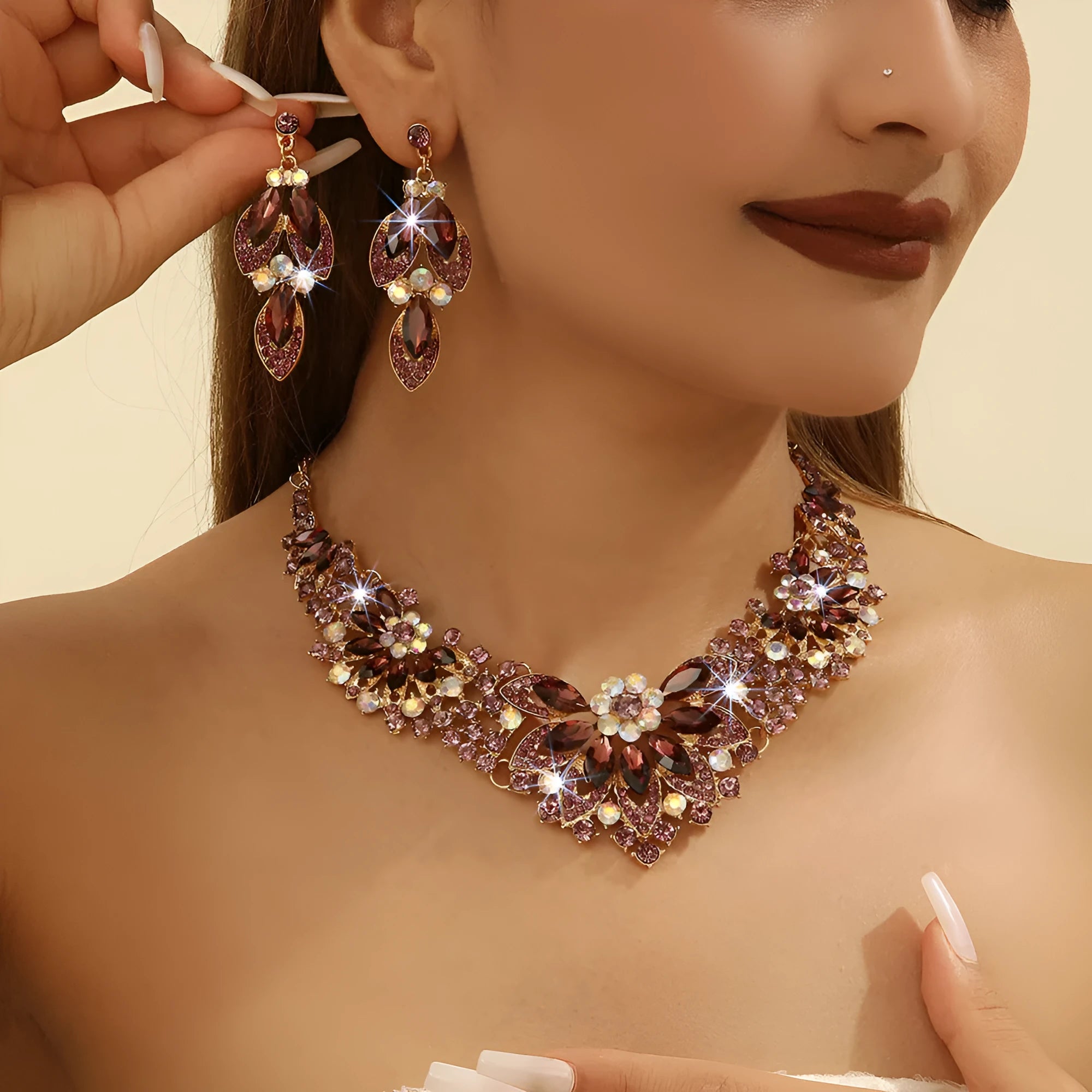 Gold high profile crystal necklace and earrings suite with exaggerated flower and wheat design on alloy