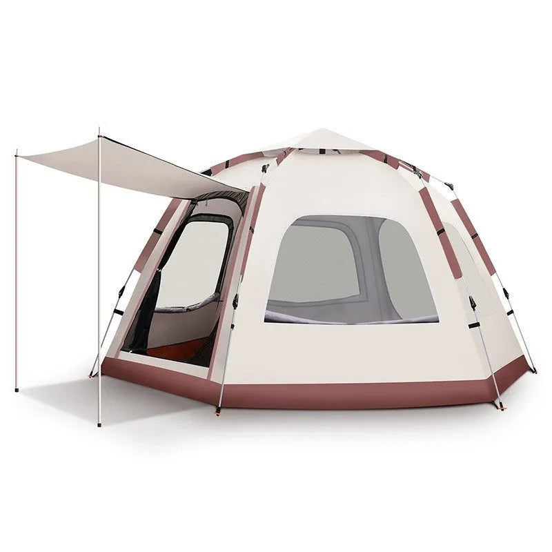 Large beige hexagonal camping tent 280x240x155cm with automatic setup in outdoor setting