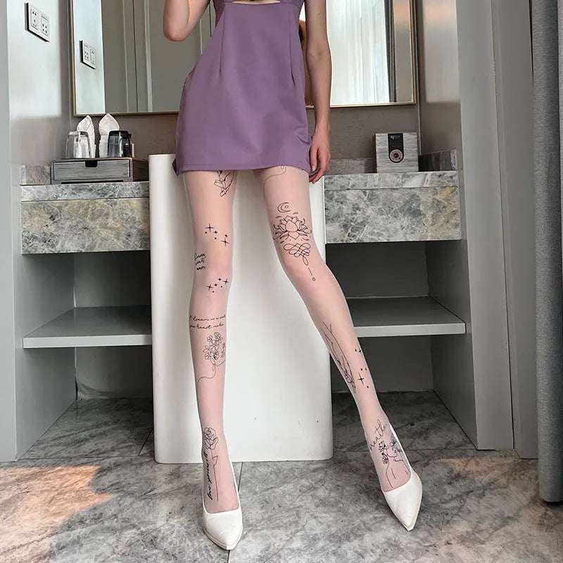 Sheer black Jacquard silk pantyhose with anti-snag fabric, shown alongside skin colour and milky white printed options.