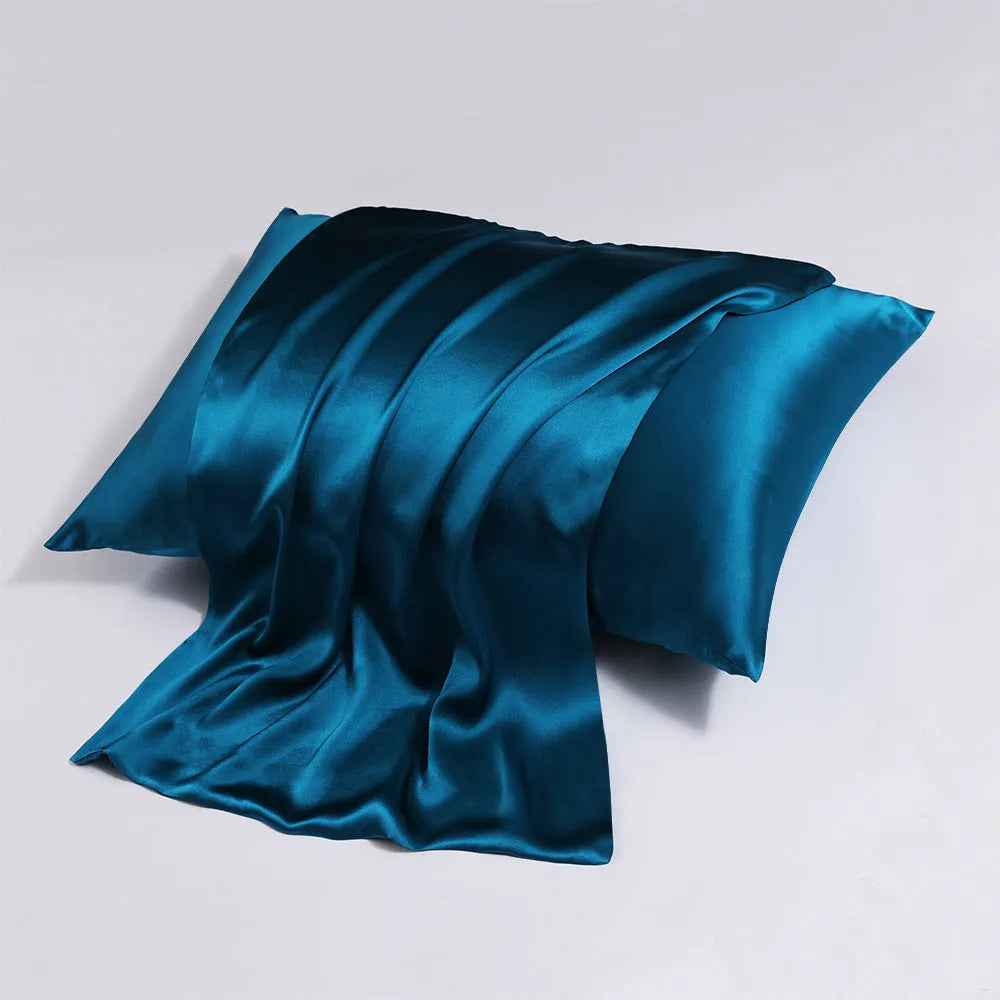 Double-sided silk pillowcase with concealed zip in baby blue colour showing size options