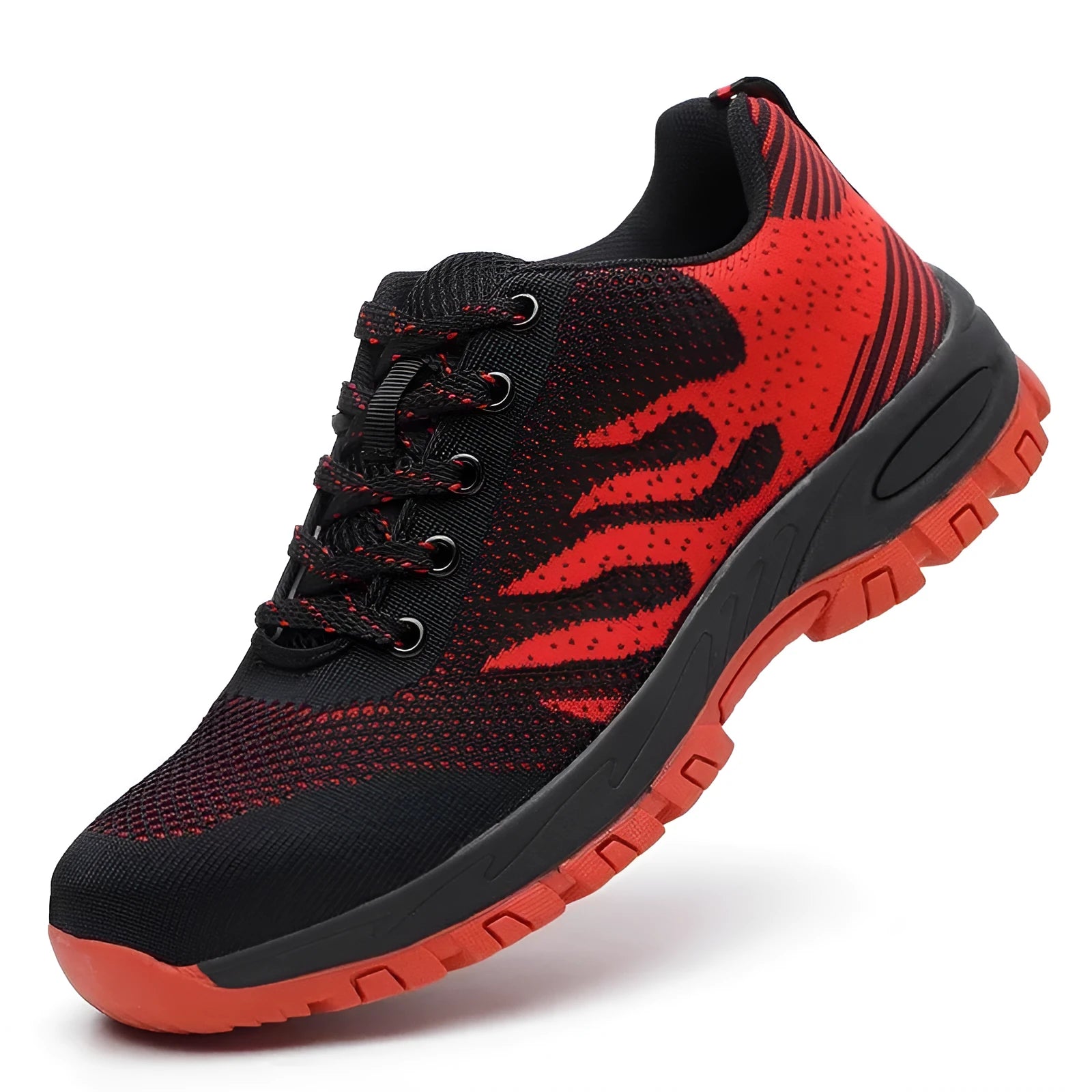 Red low-top steel toe cap safety shoes with mesh upper and protective toe