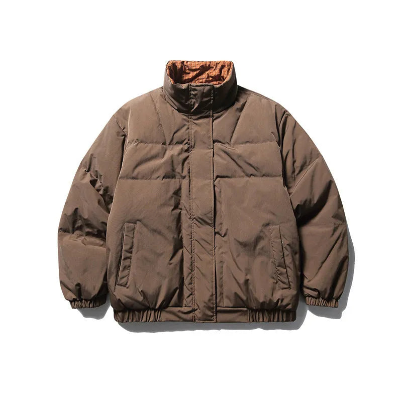 Men's brown plaid reversible down jacket with stand-up collar and hood, medium length, white duck down filling