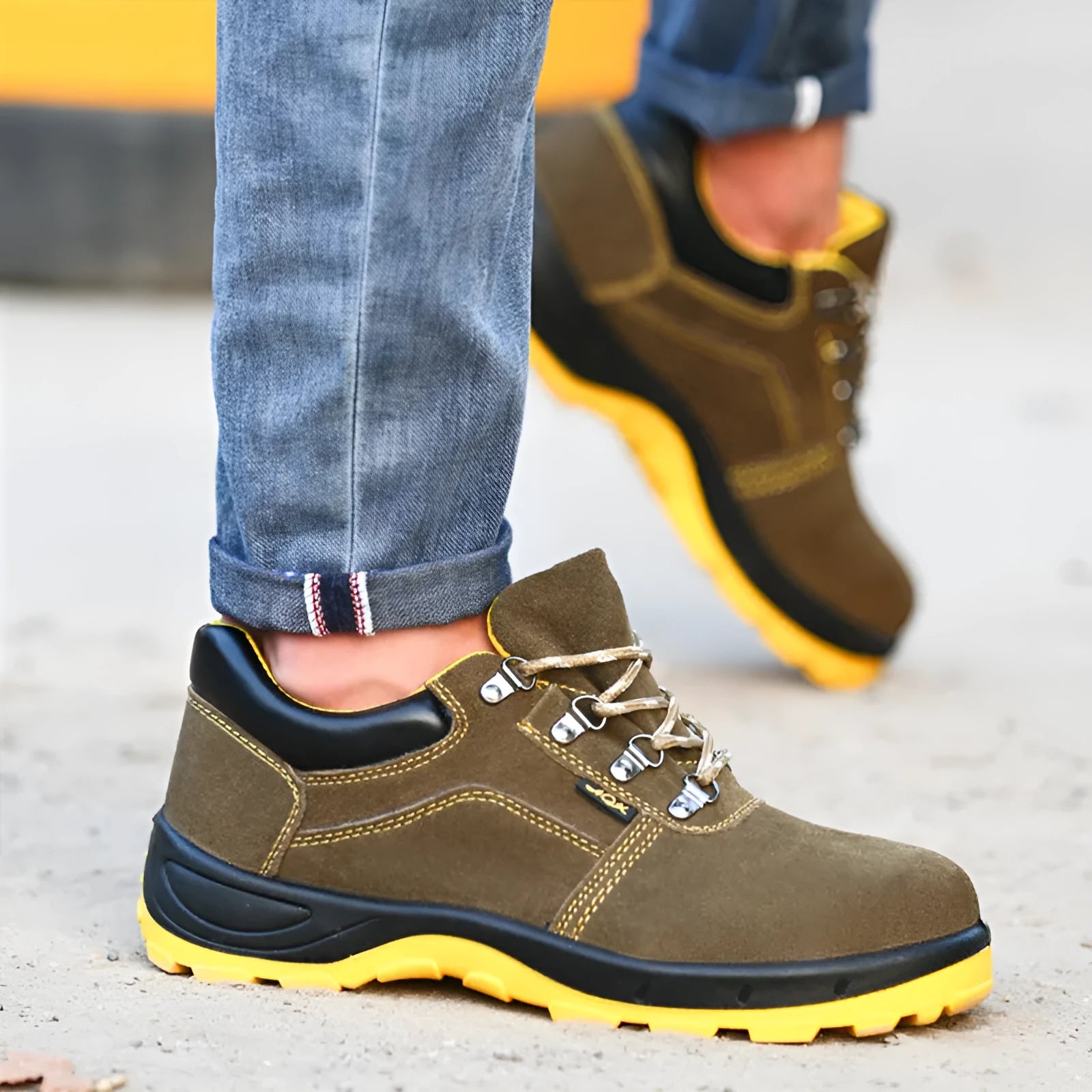 Bronze cow suede leather steel toe safety boots with low-cut design and anti-skid sole