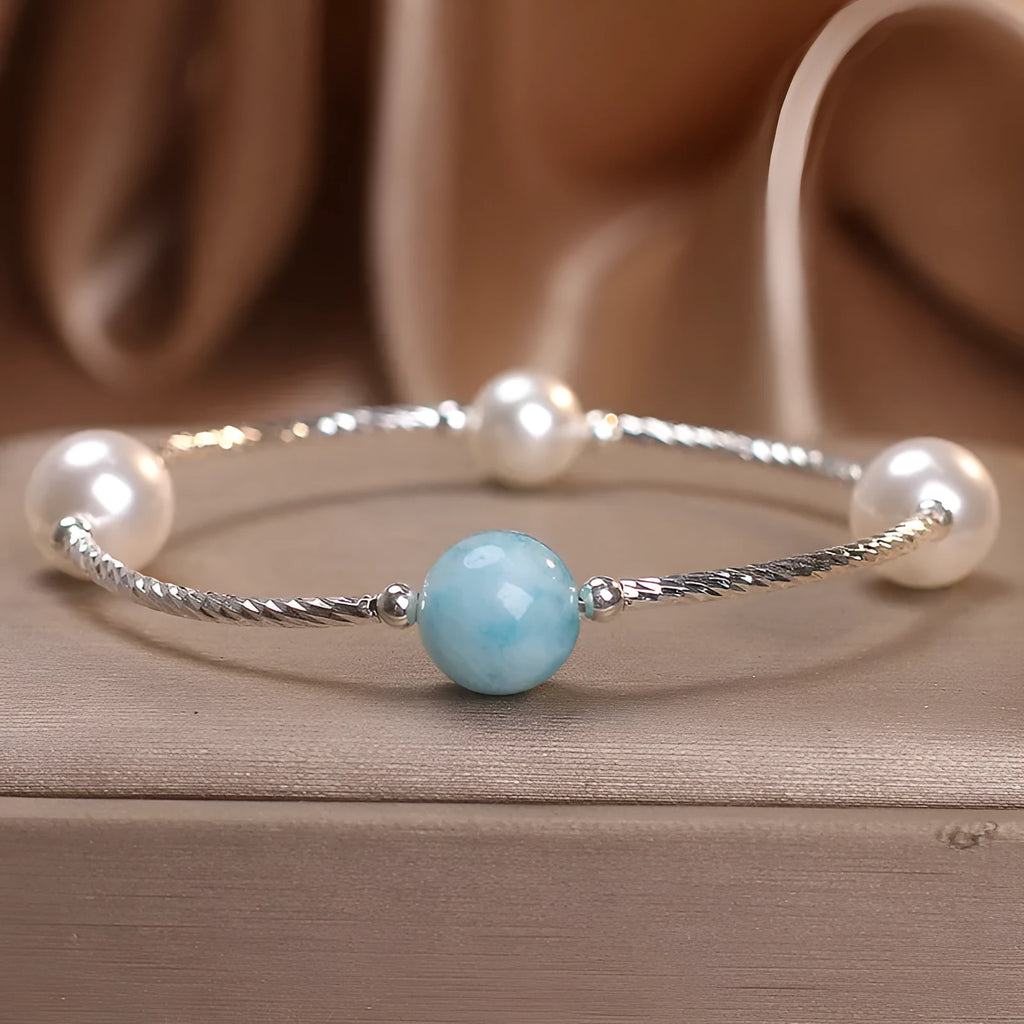 Niche design agate bracelet with sea-pattern stone and cherry blossom beads in blue and pink for women