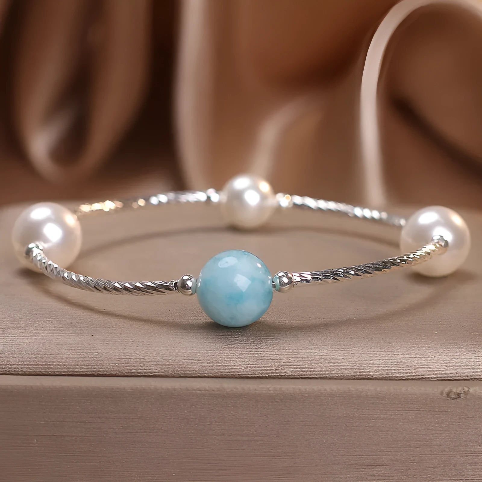 Niche design agate bracelet with sea-pattern stone and cherry blossom beads in blue and pink for women