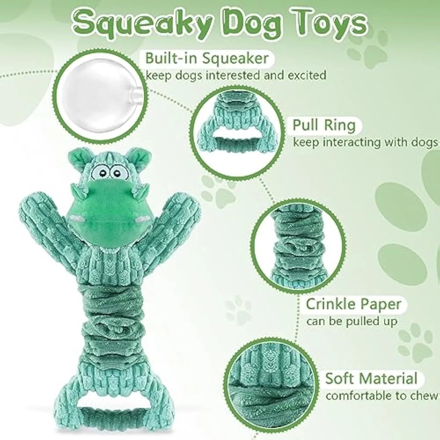 Large blue and green plush hippo dog toy with a handle, shown extended for tug of war